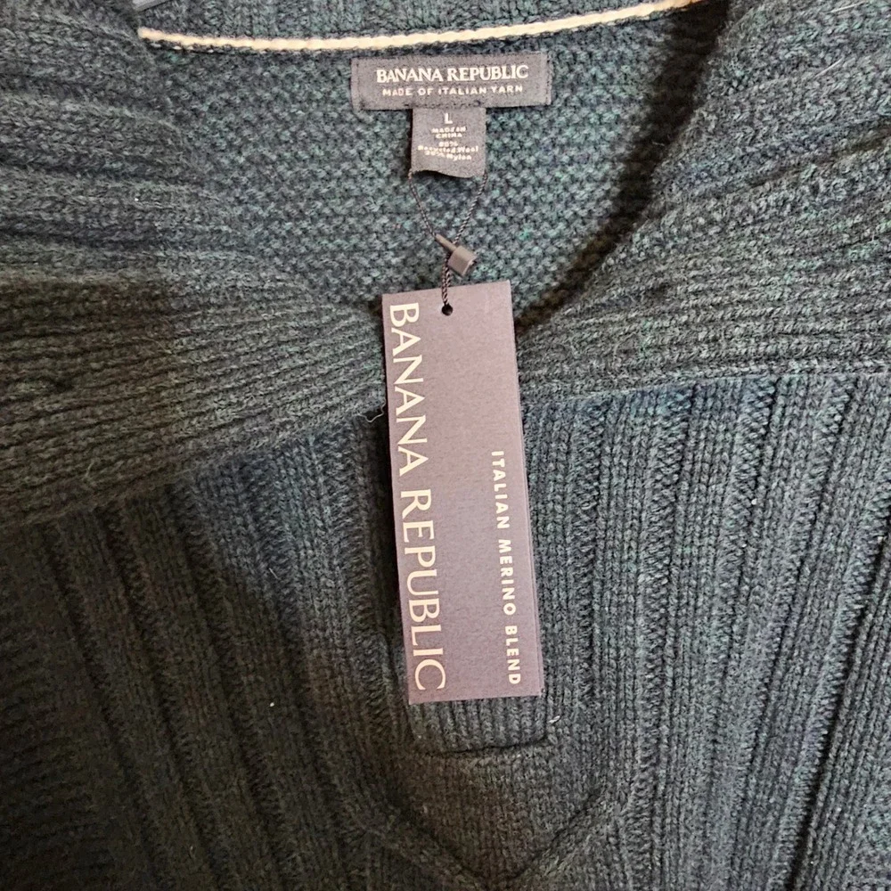 NWT Banana Republic Mens Green Italian Merino Wool Cable Knit Sweater Large